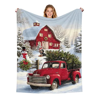 Red Truck Christmas Winter Blanket: Vintage Farm Scene with Snowman