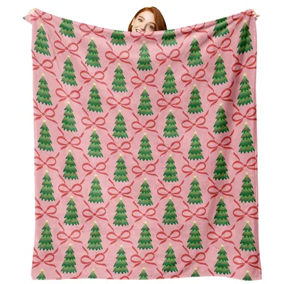 Christmas Trees and Pink Bows Blanket featuring green evergreens
