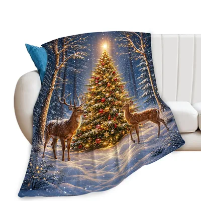 Christmas Deer in Snowy Blanket: Forest Scene with Christmas Tree