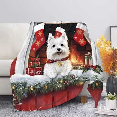 Christmas Puppy in Red Blanket: Festive Westie by the Fireplace