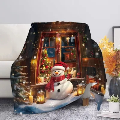 Snowman at Cozy Christmas Blanket: Winter Scene with Lanterns