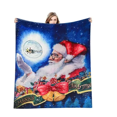 Santa Claus Sleigh Under Blanket featuring Santa gazing at a moon