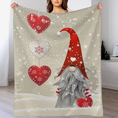 Christmas Gnome with Hearts Blanket featuring a red-hatted tomte