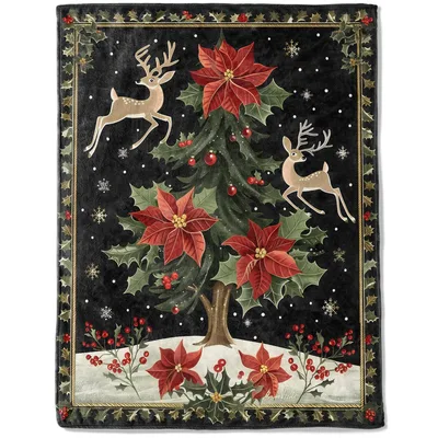 Deer Poinsettia Christmas Tree Blanket featuring leaping reindeer