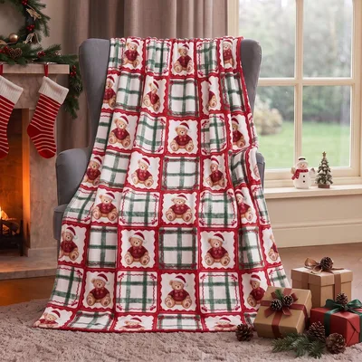 Red Plaid Christmas Blanket featuring cute brown teddy bears