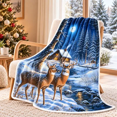 Winter Deer in Snowy Blanket: Cozy Forest Scene with Moon and Cabin