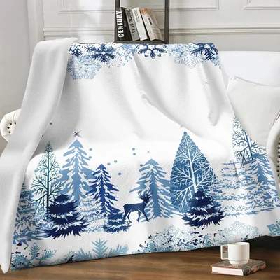 Winter Pine Forest Blanket featuring a blue deer amid pine trees