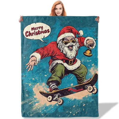 Skateboarding Santa Merry Christmas Blanket for Holiday Skaters