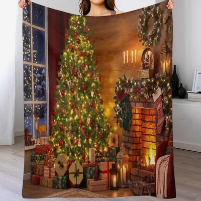 Christmas Tree Fireplace Scene Blanket for Cozy Holiday Nostalgia
