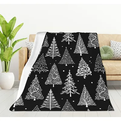 Black and White Christmas Blanket with Hand-Drawn Tree Patterns