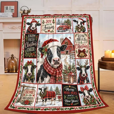 Christmas Farm Cows Blanket: Festive Cow Collage with Holiday Signs