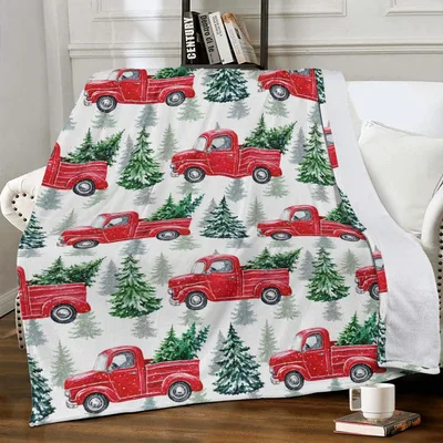 Red Truck Christmas Trees Blanket: Vintage Holiday Pickups