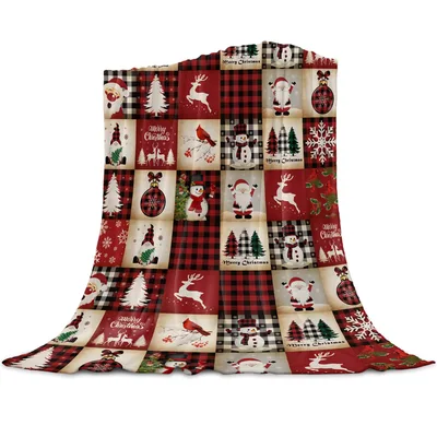 Christmas Patchwork Santa Reindeer Blanket for Cozy Holiday Wraps