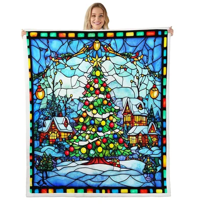 Stained Glass Christmas Tree Blanket: Glowing Winter Village Art