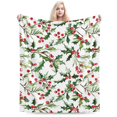 Watercolor Holly Berry Pattern Blanket features festive red