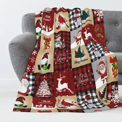 Christmas Plaid Reindeer Santa Blanket Holiday Patchwork Design