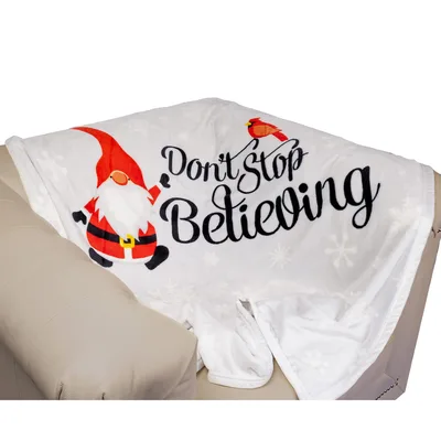 Don't Stop Believing Gnome Blanket features a red-hatted