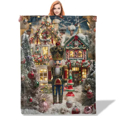 Festive Nutcracker Christmas Village Blanket: Holiday Soldier Scene