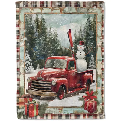 Vintage Red Truck Christmas Blanket: Retro Holiday Scene with Snowman