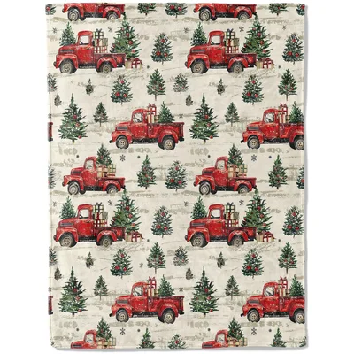 Vintage Red Trucks Christmas Trees Blanket: Rustic Holiday Decor
