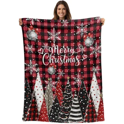 Merry Christmas Plaid Christmas Blanket with Trees and Ornaments