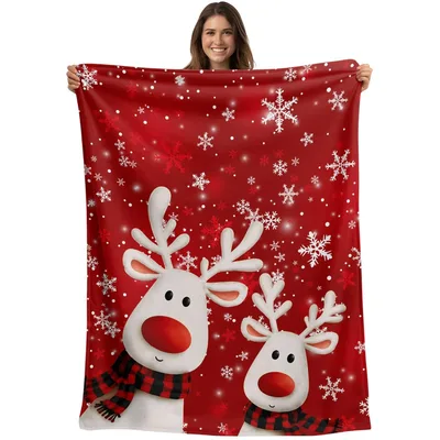 Red Christmas Reindeer Blanket: Festive Deer and Snowflakes Design
