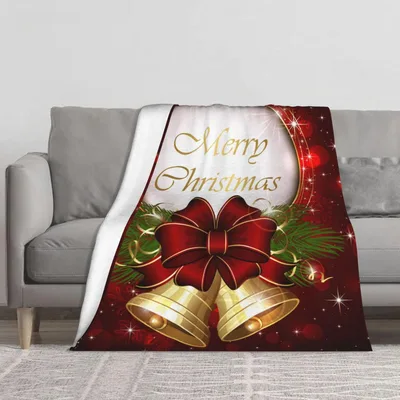 Merry Christmas Bells Blanket: Golden Jingle Bells and Red Bow Design