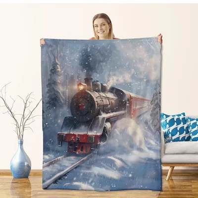Winter Steam Train Blanket: Vintage Locomotive in Snowy Forest