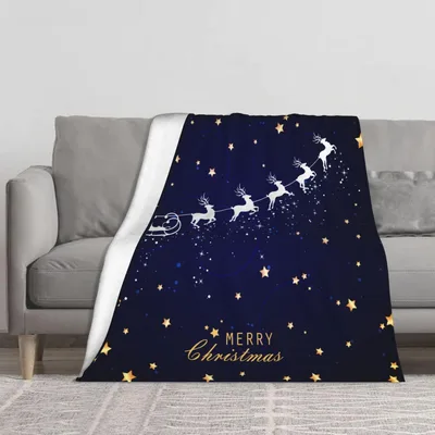 Santa Sleigh Reindeer Starry Blanket: Merry Christmas Night Design
