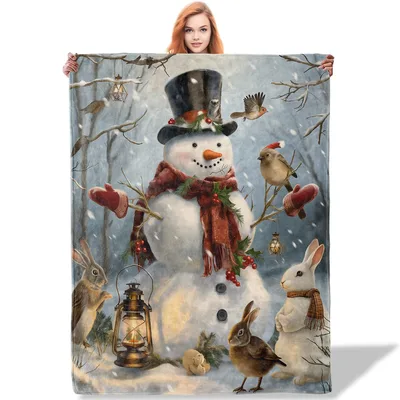 Snowman with Woodland Animals Blanket: A Winter Forest Gathering