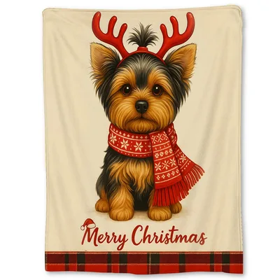 Christmas Yorkie in Red Blanket featuring a cute dog