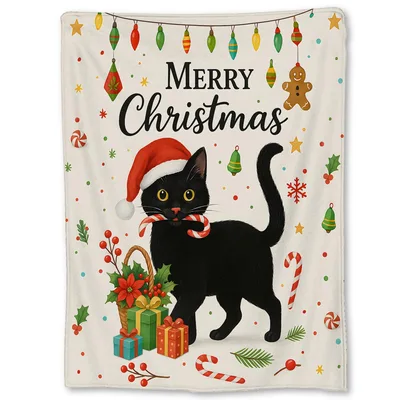 Black Cat in Santa Blanket featuring a festive black cat