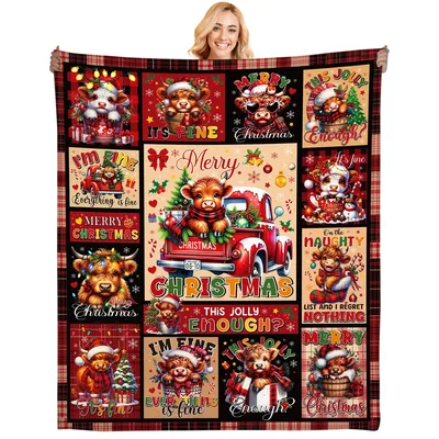 Christmas Highland Cow Collage Blanket: Festive Fluffy Holiday Comfort