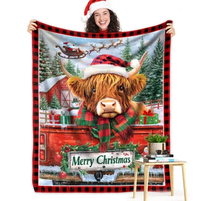 Christmas Highland Cow Farmhouse Blanket featuring a shaggy cow