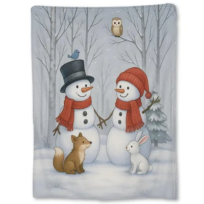 Snowmen with Fox Blanket: Winter Snowman Pair with Forest Friends