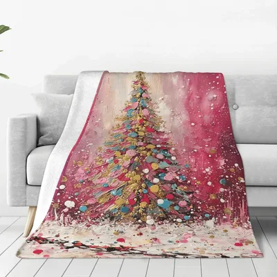 Pink Christmas Tree Scene Blanket: Abstract Holiday Art for Your Sofa