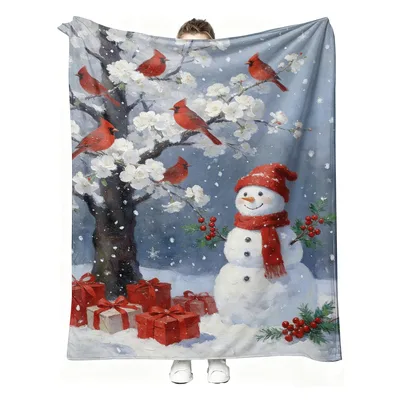 Snowman Cardinals Winter Scene Blanket: Festive Snowman and Red Birds