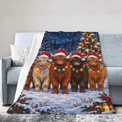 Highland Cows Christmas Santa Blanket: Festive Herd with Lights