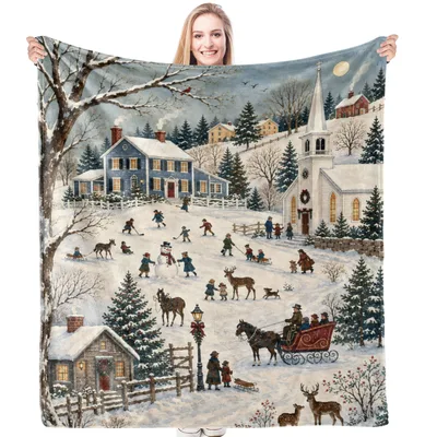 Winter Village Christmas Scene Blanket: Rustic Holiday Illustration
