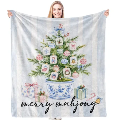 Chinoiserie Merry Christmas Tree Blanket featuring a potted evergreen