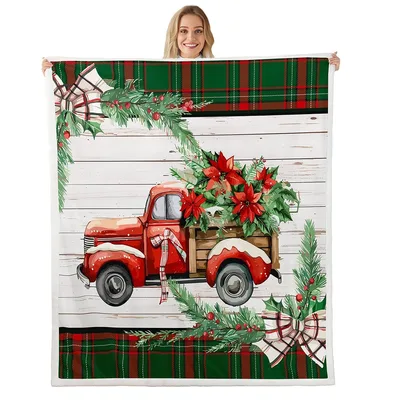 Red Truck with Christmas Wreath Blanket: Vintage Holiday Truck Design