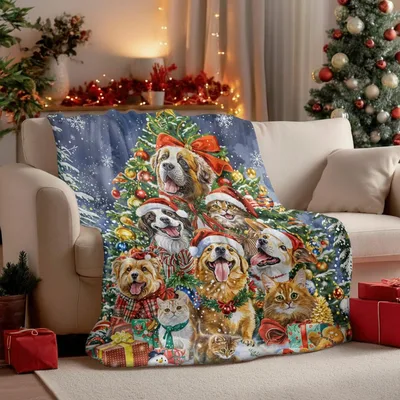 Pets Christmas Tree Cats Blanket: Festive Dogs and Snowflakes Design