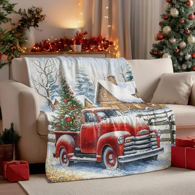 Red Truck Christmas Tree Scene Blanket: Vintage Winter Holiday Throw