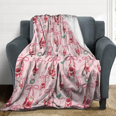 Christmas Bow Ribbon Pattern Blanket: Santa and Pink Bows Design
