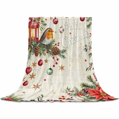 Merry Christmas Birds Ornaments Blanket featuring a robin