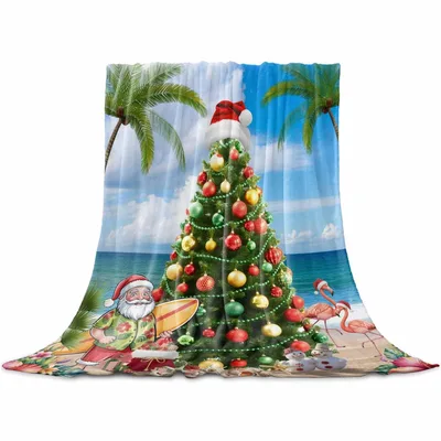 Beach Christmas Blanket: Coastal Tree with Santa Surfing and Flamingos