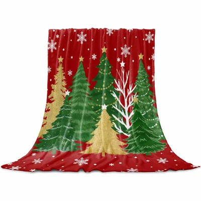Watercolor Christmas Trees Blanket: Festive Green and Gold Evergreens