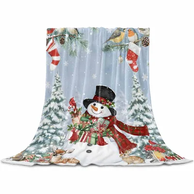 Snowman in Winter Forest Blanket: Festive Snowman with Gifts and Birds