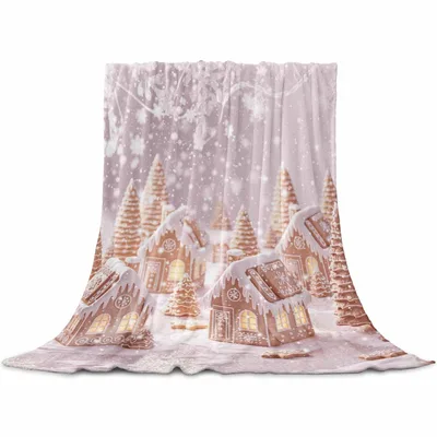 Pink Christmas Gingerbread Village Blanket: Cozy Holiday Home Scene