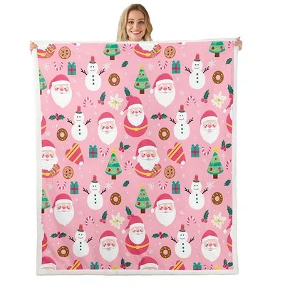 Santa and Snowman Christmas Blanket: Festive Pink Holiday Pattern
